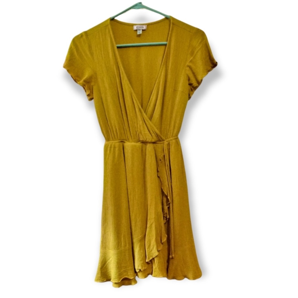Susina Mustard Yellow Faux Wrap Mini Dress with Flutter Sleeves and Ruffle Hem
